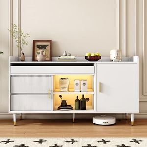 Dressoir met glazen schuifdeuren en ledverlichting, vrijstaande commode van hout, buffetkast, keukenmeubel, elegant houten dressoir voor eetkamer, woonkamer of hal, wit, B140/D38/H76