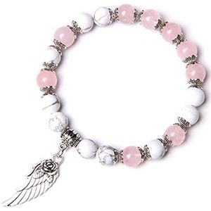 Armbanden, Handgemaakte zilveren kleur Rose Angel Wing hanger armband natuurlijke roze kwartskristal kralen bedelarmband vrouwen romantische sieraden (Color : Pink Quartz_21CM)