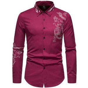 OHXSM Mannen Casual Slanke Draak Tattoo Lange Mouw Button Down Jurk Shirt Lange Mouw Zakelijke Regular Fit Bruiloft Werk Shirt Zakelijke Shirt Lange Mouw Mode Shirt Katoen Casual Button Down Shirt, A-rood, XL