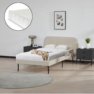 [en.casa] Porvoo bed met matras 90x200 cm eenpersoonsbed bedframe met hoofdbord houten bed gestoffeerd bed met lattenbodem beige