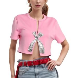 CakfLjkhl Dames Zomer T Shirts Korte Mouw Pailletten Strass Split Casual Crop Tops Y2k Trendy Kleding,Roze,L