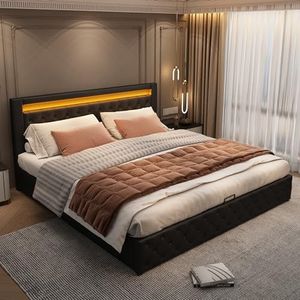 Aunvla Gestoffeerd bed 160 x 200 cm, functioneel bed met lattenbodem en opbergruimte, met LED-verlichting, met opbergfunctie, zwart, PU