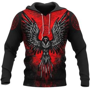 Viking 3D-geprint Pullover Sweatshirt, Heren Vintage Noorse Mythologie Tattoo Rune Amulet Streetwear, Casual en Comfortabele Hoodie met Lange Mouwen en Grote Zakken(Color:Crow A,Size:3XL)