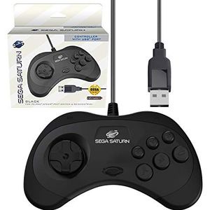 Retro-Bit Officiële Sega Saturn USB-controller-pad (model 2) voor Sega Genesis Mini, PS3, PC, Mac, Steam, Switch, USB-poort, zwart