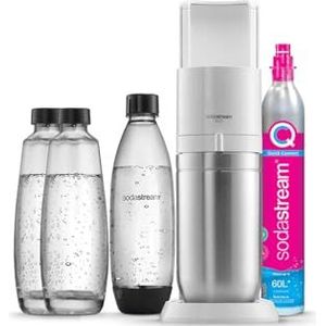 SodaStream DUO Sprankelwatermachine voor glazen karaf, verpakking met 2 karaffen van glas, 1 l fles van 1 l, vaatwasmachinebestendig + 1 gasnavulverpakking 60 l om vast te klikken, wit [exclusieve