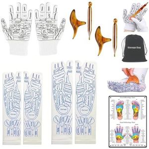Reflexologiekousen met gereedschap en handschoenen, massagesokken met triggerpunt, voetmassagesokken, geschikt voor mannen en vrouwen, voordelige set met 2 paar massagesokken, 2 set