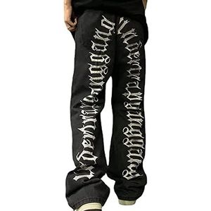 WEITING Heren Jeans - Zwarte Hip Hop Jeansbroek Gothic - Rechte pijpen - Streetwear Borduurwerk - Heren Jeans, Zwart, 27-32, Zwart, S