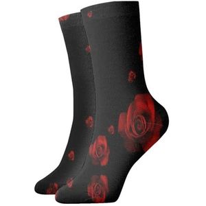 EWQrtyy Rode Roos Zwarte Achtergrond Alle Seizoen Comfort Sokken, Middelgrote Gewicht Ademende Dagelijkse Sokken Voor Thuis En Kantoor