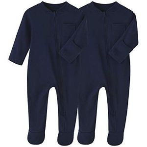 BINIDUCKLING Unisex Baby 2-Pack Zip-Up Baby Onesies Gezellige Voeten Outfit Pasgeboren Bodysuits Babykleding Effen Kleur Katoen Rompertjes 0-12 Maanden, marineblauw, 0-3 maanden