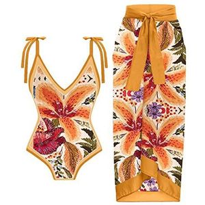 GROBTE Dames 2-delig badpak met strandbedekkende wikkelrok retro bloemenprint badpakken voor vrouwen zomervakantie outfit, H10, L