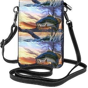 Bass Fishing Wave Lederen Cross Body Flip Telefoon Tas Met Afneembare Schouderbanden, Gebruikt Voor Reizen, Dating, Vakantie Geschenken, Zwart, Eén maat