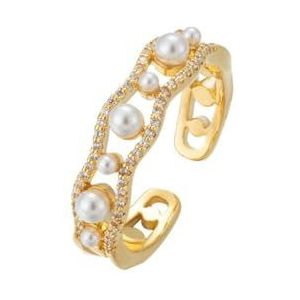 Dames dubbele rij zirkoonring gouden boog gebogen onregelmatige parelring zilveren open ring verstelbare ringarmband (Color : Silver_Adjustableopening)