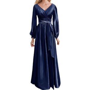 Prinses Bruidsmeisje Jurken Lange Mouw Galajurken V-hals Satijn Formele Avondfeest Maxi Jurk ZM200, Donkerblauw, 32