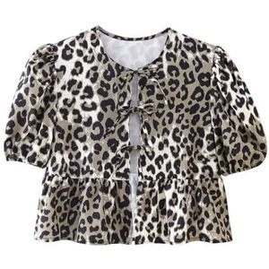 Vrouwen Tie Front Tops Puff Sleeve Babydoll Shirts Y2K Leuke Ruffle Peplum Uitgaan Top Blouse Trendy Kleding (Color : Leopard C, Size : Medium)