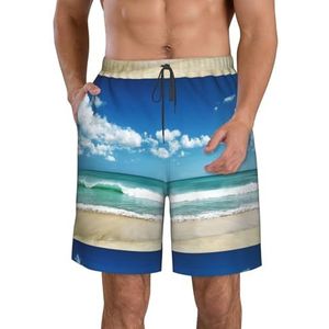 PHTZEZFC Beach White Clouds Print Strandshorts voor heren, lichtgewicht, sneldrogend, zwembroek met trekkoord en zakken, Wit, S