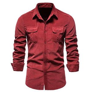 FAWHEWX Heren corduroy overhemd lange mouwen knoopsluiting werkkleding regular fit casual shirt heren reverskraag basic business slim corduroy overhemd jas met borstzak M ~ 3XL, A-rood, 3XL