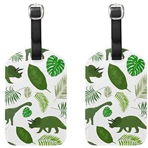 EZIOLY Grappige dinosaurussen en tropische bladeren cruise bagagelabels koffer etiketten tas, 2 stuks, Meerkleurig, 12.5x7 cm, Grappig, Leer