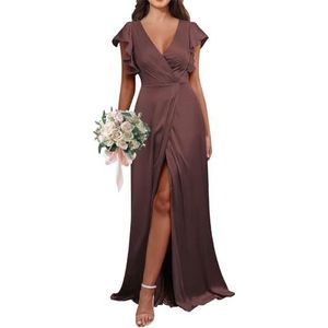 HPPEE Flutter Mouw V-hals Satijn Bruidsmeisjesjurken voor Vrouwen A-lijn Strand Bruiloft Gast Jurk Formele Jurk, Bordeaux, 32