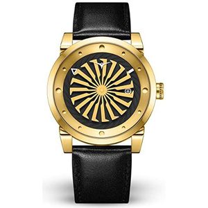 ZINVO Blade luxe herenhorloge met automatisch uurwerk, zwarte leren band, en geelgoud, Riemen.