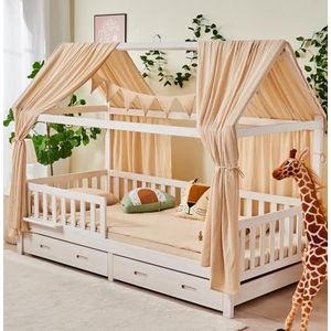 ALAVYA HOME® 3-delige decoratieset met 2 stuks bedhemel, 1 vlaggetjesslinger 300 cm lang, voor kinderbed kinderkamer, 100% biologisch mousseline katoen, GOTS-gecertificeerd, 125 x 350 cm, beige