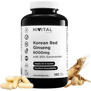 Koreaanse Rode Ginseng 6000 mg. 180 veganistische capsules voor 6 maanden behandeling. Natuurlijk wortelextract 15:1 met 30% ginsenosiden per capsule. Gefabriceerd in Europa door HIVITAL