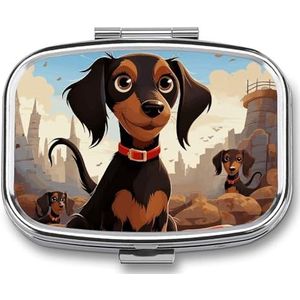 I Love My Dog Teckel Reispillendoos met 2 vakken met spiegel, draagbare pillendoos voor zak of handtas, wekelijkse medicijndoos voor dagelijkse medicijnen