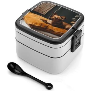 NONHAI Bruine Puppy Bento Box Volwassen Lunchbox Dubbellaags Geïsoleerde Bento Lunchboxen met lepel Stapelbare Salade Lunch Containers Veelzijdige Lekvrije Lunchbox voor Volwassenen 1000 ml