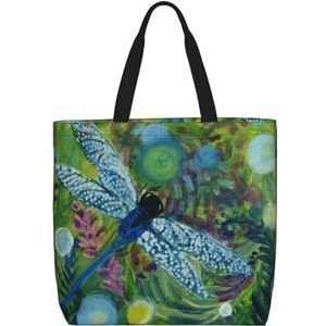 ZaKhs Handgeschilderde blauwe libelle Print Vrouwen Tote Bag Grote Capaciteit Boodschappentas Mode Strand Tas Voor Werk Reizen, Zwart, Eén maat