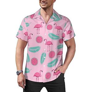 Watermeloen palmblad flamingo's heren casual button-down shirts korte mouw Cubaanse kraag T-shirts tops Hawaiiaans T-shirt XL