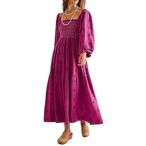 Maxi-jurk met bloemenborduursels, elegante vierkante hals, lantaarnmouwen, gelaagde vloeiende herfstjurk, strand, boho, maxi-jurk, Roze paars, S