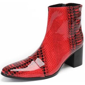 SFSSWSRYDF Herenlaarzen met Cubaanse hak en lakleer, casual reptielen Chelsea enkellaarsjes met chukka en rits aan de zijkant, rode enkellaarsjes,Rood,37 EU