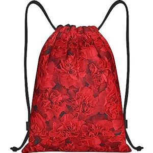 Ousika Rode Bloemen Gedrukte Drawstring Rugzak Bag Waterbestendig Lichtgewicht Gym Sackpack voor Wandelen Reis, Zwart, Medium