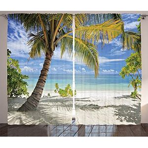 ABAKUHAUS Palmboom Gordijnen, Palmbomen Coastline, Woonkamer Slaapkamer Raamgordijnen 2-delige set, 280 x 225 cm, Coconut and Blue