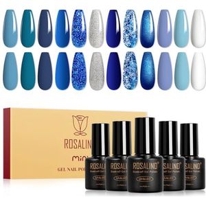 ROSALIND UV Nagellak Blauw, 12 Kleuren Hemelsblauw Oceaan Kobaltblauw Marineblauw Donkerblauw Glitter Colour Gel Blauw Soak Off UV LED Gel Lak Wit Zilver Manicure Geschenkset