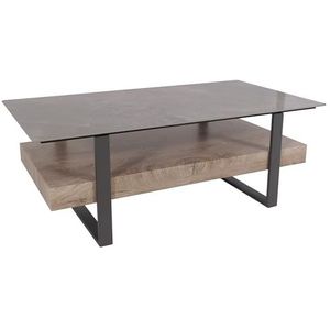 Mendler Salontafel HWC-L88, woonkamertafel tafel, plank ijzer 43x120x60cm sintersteen marmer look grijs hout grijs-bruin