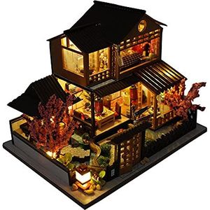 Miniatuur Houten Poppenhuis Japans/Kust/Auto Huis Markt DIY Poppenhuis Kit Villa Building 3D Model Creatieve Geschenken voor Vriend en Ouders (Japanse Stijl Villa)