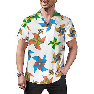 Kleurrijke windmolen Pinwheel mannen casual button-down shirts korte mouw Cubaanse kraag Tees Tops Hawaiiaanse T-shirt 2XL