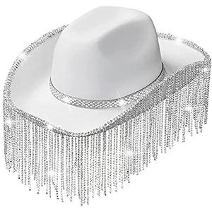 BBASILIYSD Westerse cowboyhoed strass kwastje cowboyhoed strass franje cowgirl hoed jazz kleur hoed rand westerse brede cowboy wit