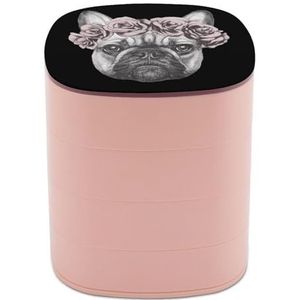 Franse Bulldog Rose Kroon Roterende Sieraden Case Leuke Sieraden Opbergdoos Reizen Sieraden Houder Gift Voor Vrouwen