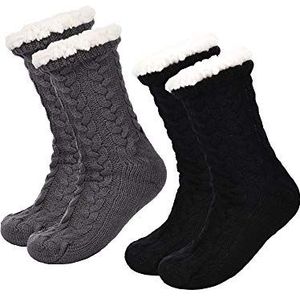 Boao 2 paar warme damessokken, kerstsokken, wollige sokken, fleece gevoerd, antislip pantoffelsokken, zwart, Medium