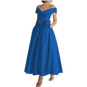 WSEYU Off Shoulder Moeder van De Bruid Bruidegom Jurken Satijn Boog Formele Avond Grootmoeder Jurken Thee Lengte ZM289, Donkerblauw, 36
