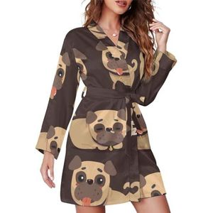 Cartoon Bruin Mopshond Vrouwen Badjas Sjaal Kraag Loungewear Spa Badjas Lange Mouw Pyjama M