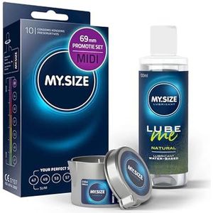 Voordeelverpakking MY.SIZE-condooms 69 mm, pak van 10 + MY.SIZE natuurlijk glijmiddel 100 ml + MY.SIZE-massagekaars