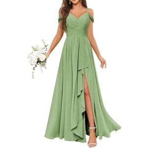 Chiffon bruidsmeisjesjurken voor dames, met split, lange baljurken, cocktailjurken, grote maten, Sage Groen, 32