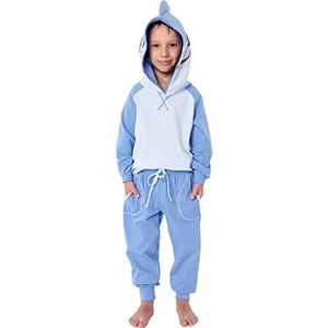 Ladeheid Kostuumpyjama voor jongens en meisjes met lange mouwen en capuchon met dierenthema LA40-236 (Blauw Haai, 110-116)