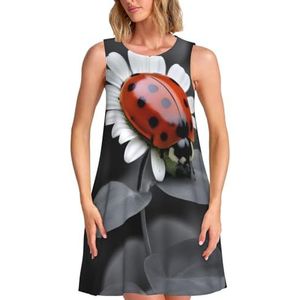 ELSMZXZD Zittende groene drie-bladige insectenprint dames zomerjurken - casual mouwloze jurk zonnejurk 2025 strand met zak, Lieveheersbeestje, S