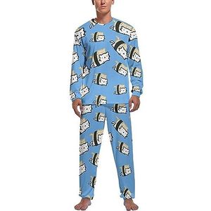 Grappige Sushi Katten Zachte Heren Pyjama Set Comfortabele Lange Mouw Loungewear Top En Broek Geschenken M