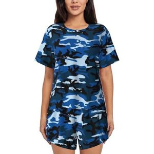 RIVETECH Pyjama met blauwe camouflageprint voor dames met korte mouwen - comfortabele korte sets, nachtkleding met zakken, Zwart, S