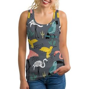 Bird Flamingo Cactus Tanktop voor dames, mouwloos T-shirt, pullover, vest, atletisch, basic shirts, zomer, bedrukt