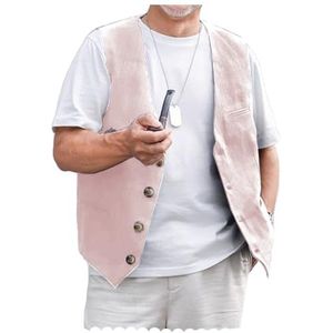 AeoTeokey Linnen vest voor heren, zomerpak, vest, vintage retrovest, normale pasvorm, roze, S
